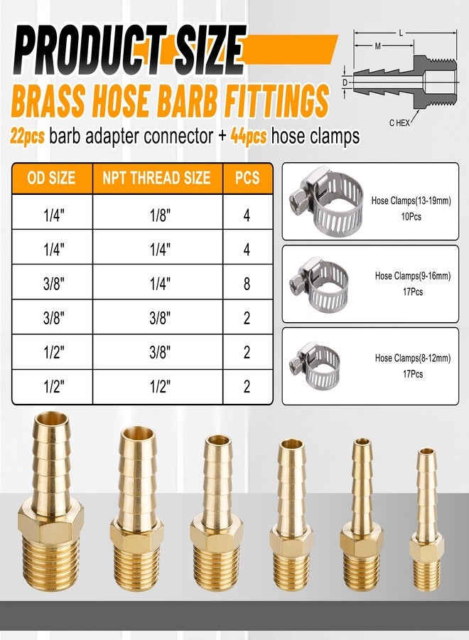 Ailbiuko 22Pcs Brass Hose Fittings, 3/8" Barb to 1/4" NPT, 1/4" Barb to 1/4" NPT Male, 1/8" 1/4" 3/8" 1/2" Barbed Air Hose Kit with 44Pcs Pipe Hose Clamps - Image 2